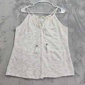Laffaire Top Womens L White Embroidered Lace Button Front Tassel Cami Tank Boho